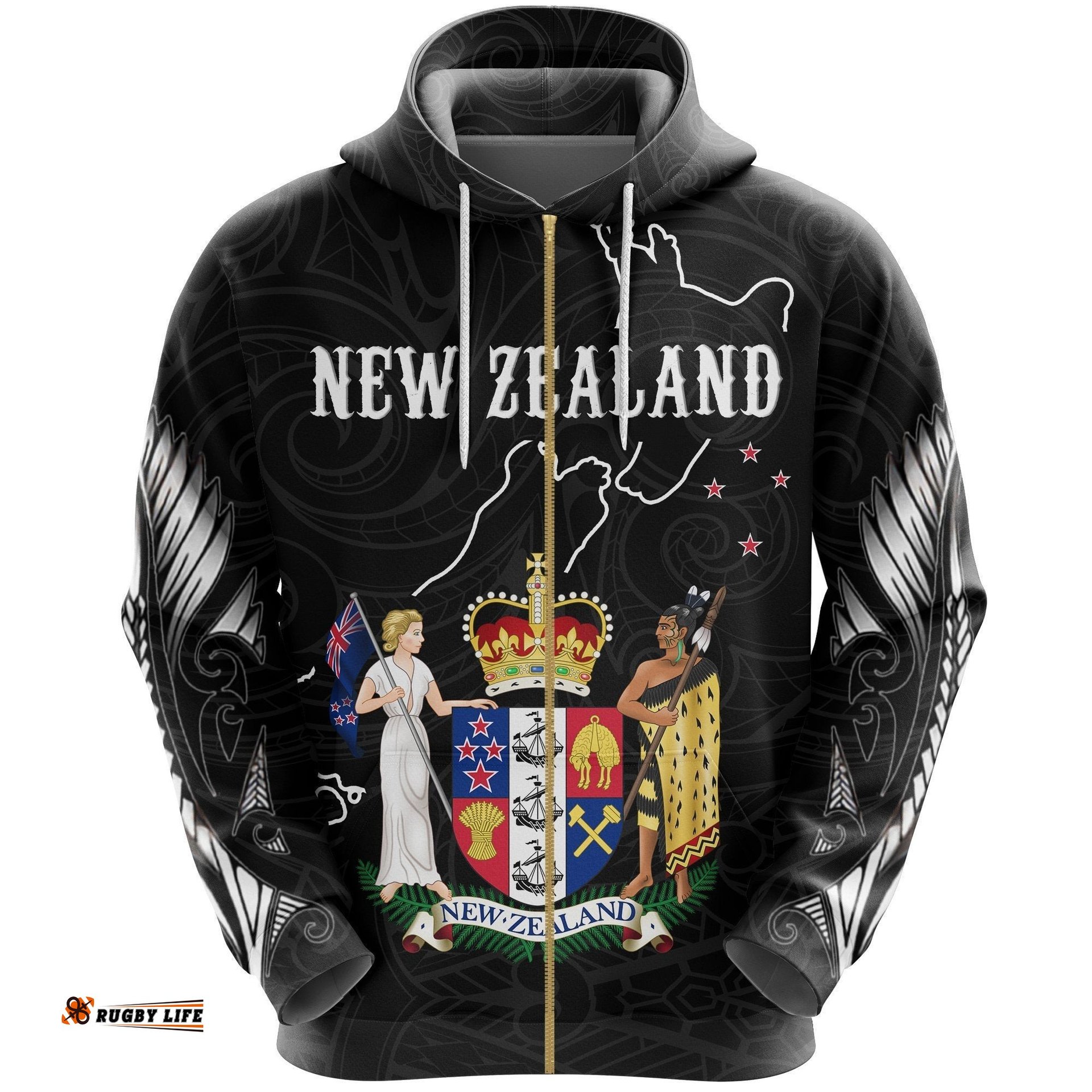 New Zealand Zip Hoodie, Coat Of Arms Nz Map Full Zip Hoodie