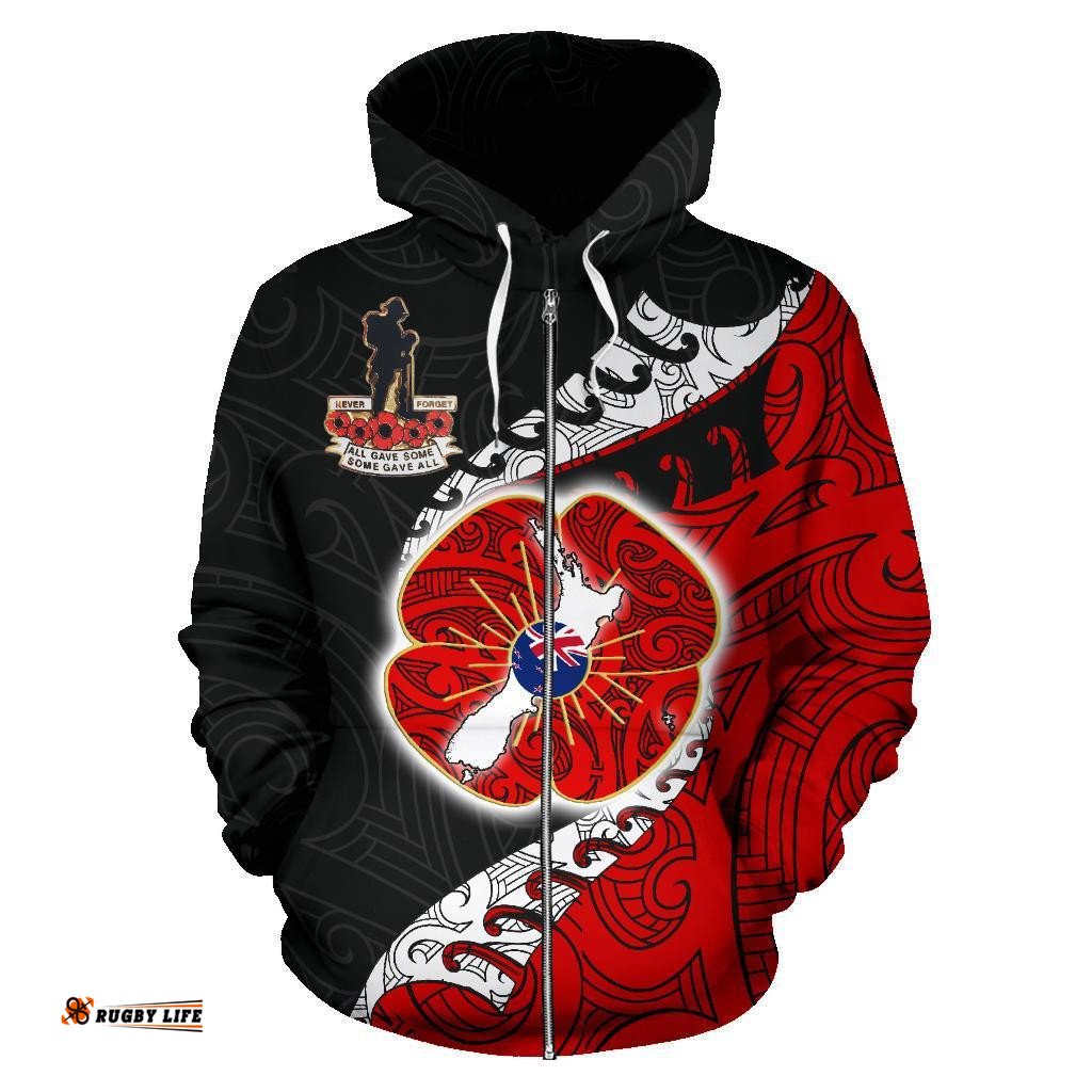 ANZAC New Zealand Zip Hoodie Lest We Forget Poppy Map Silver Fern Nz