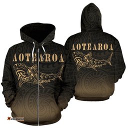 Maori Shark Aotearoa Zip Hoodie Gold