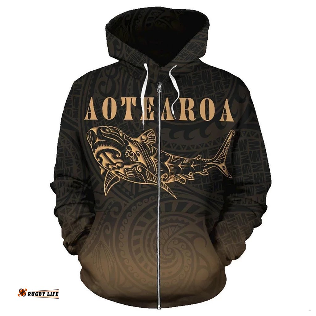 Maori Shark Aotearoa Zip Hoodie Gold