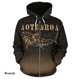 Maori Shark Aotearoa Zip Hoodie Gold
