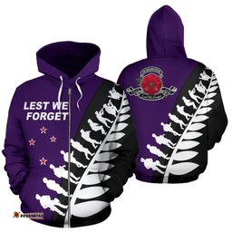 Lest We Forget New Zealand Zip Up Hoodie Purple