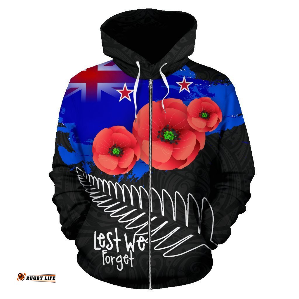 New Zealand Let We Forget Hoodie, Poppies Silver Fern Zip Up Hoodie