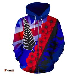 Lest We Forget Silver Fern Poppy Zip Up Hoodie