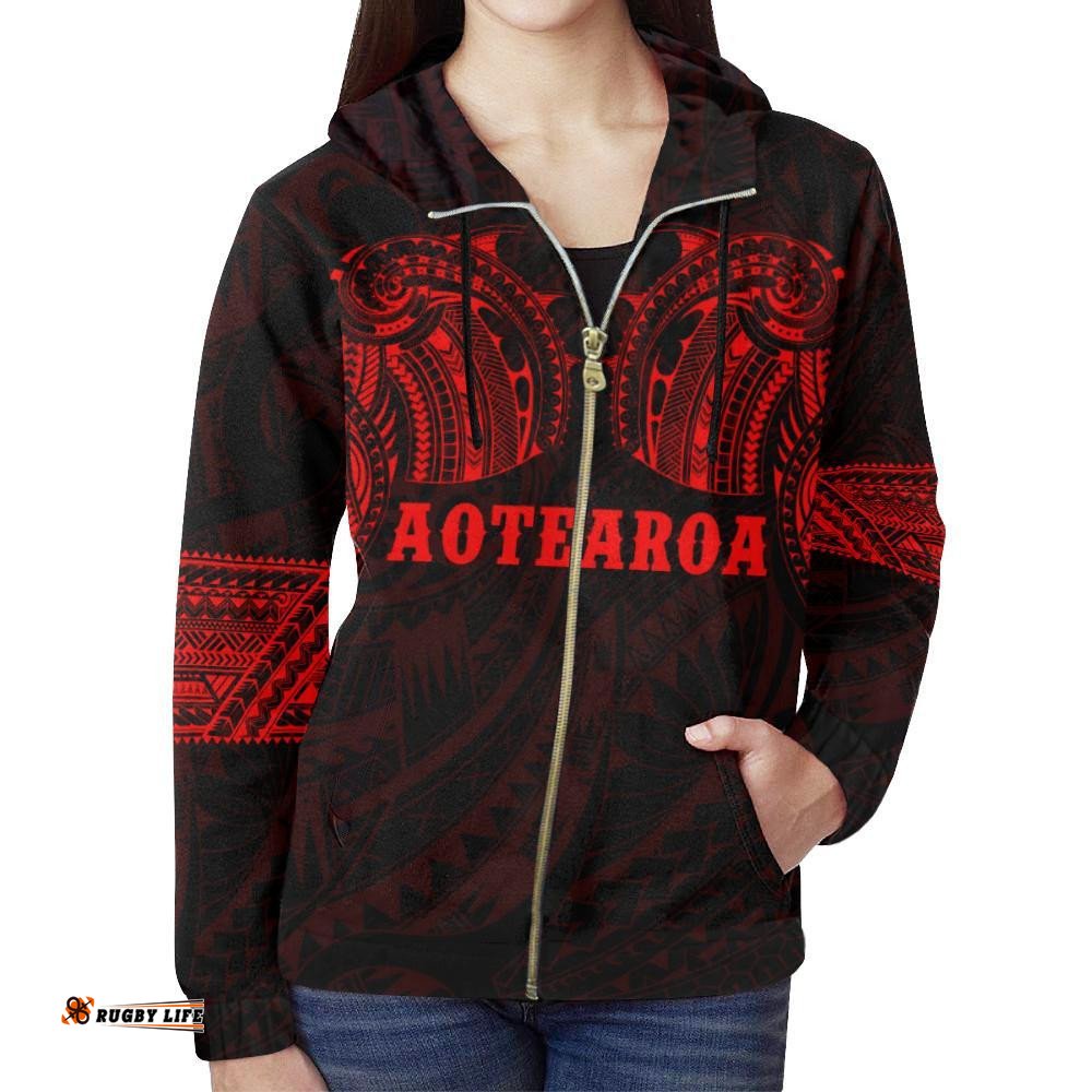 Aotearoa Maori Tattoo All Over Zip Hoodie Red