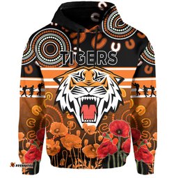 custom text and number wests tigers anzac hoodie aboriginal lest we forget