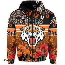 custom text and number wests tigers anzac hoodie aboriginal lest we forget