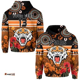 custom text and number wests tigers anzac hoodie aboriginal lest we forget