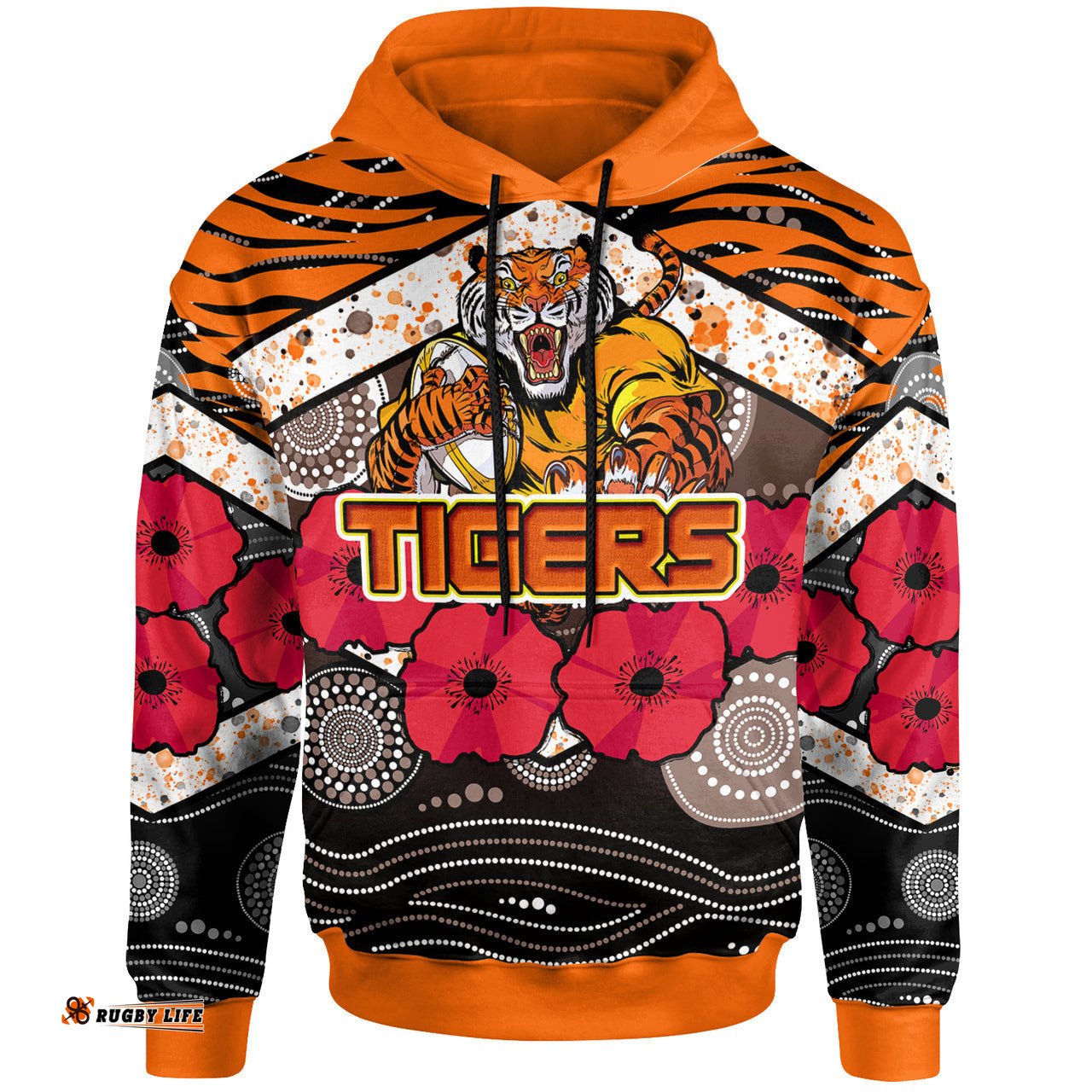 tigers rugby hoodie aboriginal tiger skin texture anzac day tiger with poppy hoodie 08