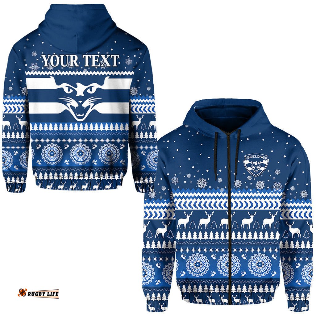 custom personalised cats christmas zip hoodie indigenous geelong football