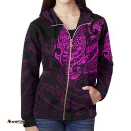 New Zealand Maori Tattoo All Over Print Zip Up Pink Hoodie