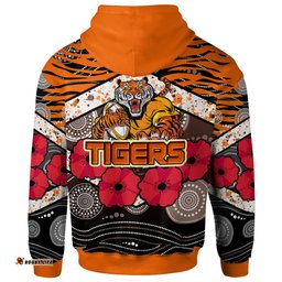 tigers rugby hoodie aboriginal tiger skin texture anzac day tiger with poppy hoodie 03