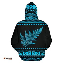New Zealand Maori Zip Up Hoodie, Aotearoa Silver Fern Zipper Hoodie Blue