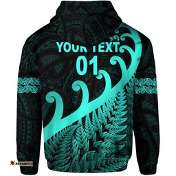 custom personalised new zealand rugby maori hoodie silver fern koru vibes turquoise