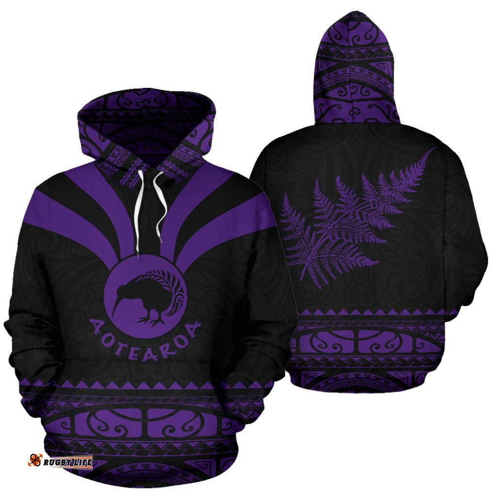 Maori Aotearoa Silver Fern Hoodie Violet Medal Version