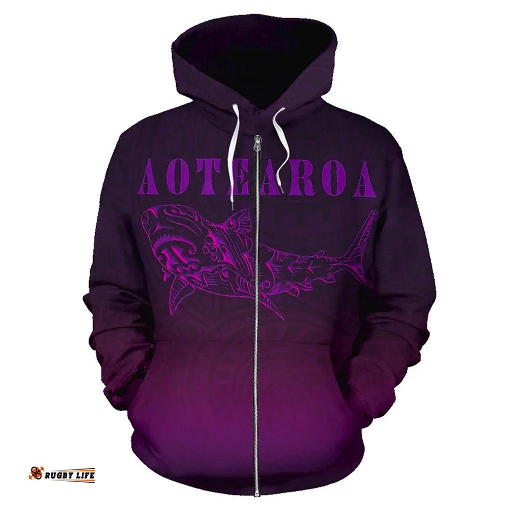 Maori Shark Aotearoa Zip Hoodie Purple