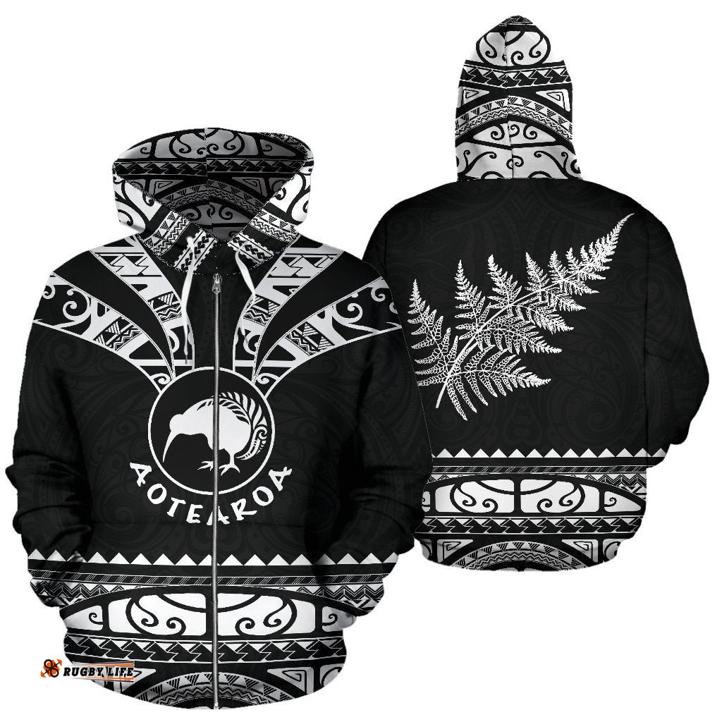 New Zealand Maori Zip Up Hoodie, Aotearoa Silver Fern Zipper Hoodie