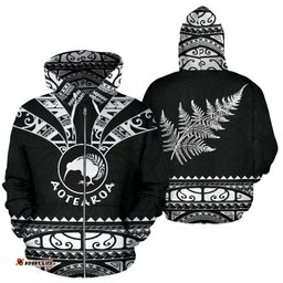 New Zealand Maori Zip Up Hoodie, Aotearoa Silver Fern Zipper Hoodie