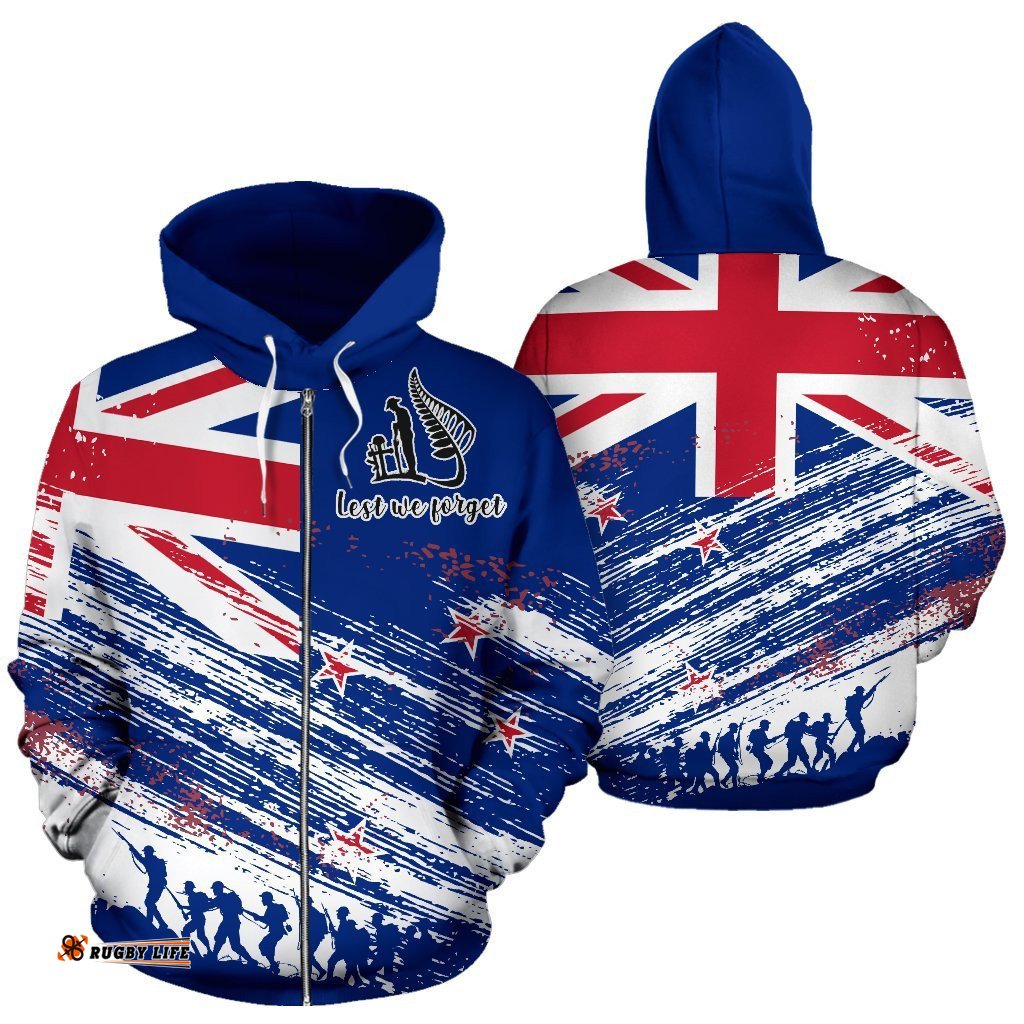 New Zealand ANZAC Flag Hoodie, Lest We Forget Zip Up Hoodie