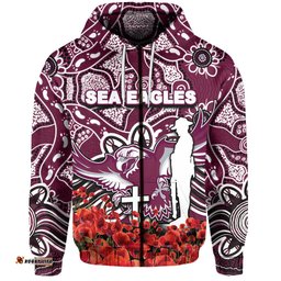 sea eagles zip hoodie anzac day poppy flowers with aboriginal