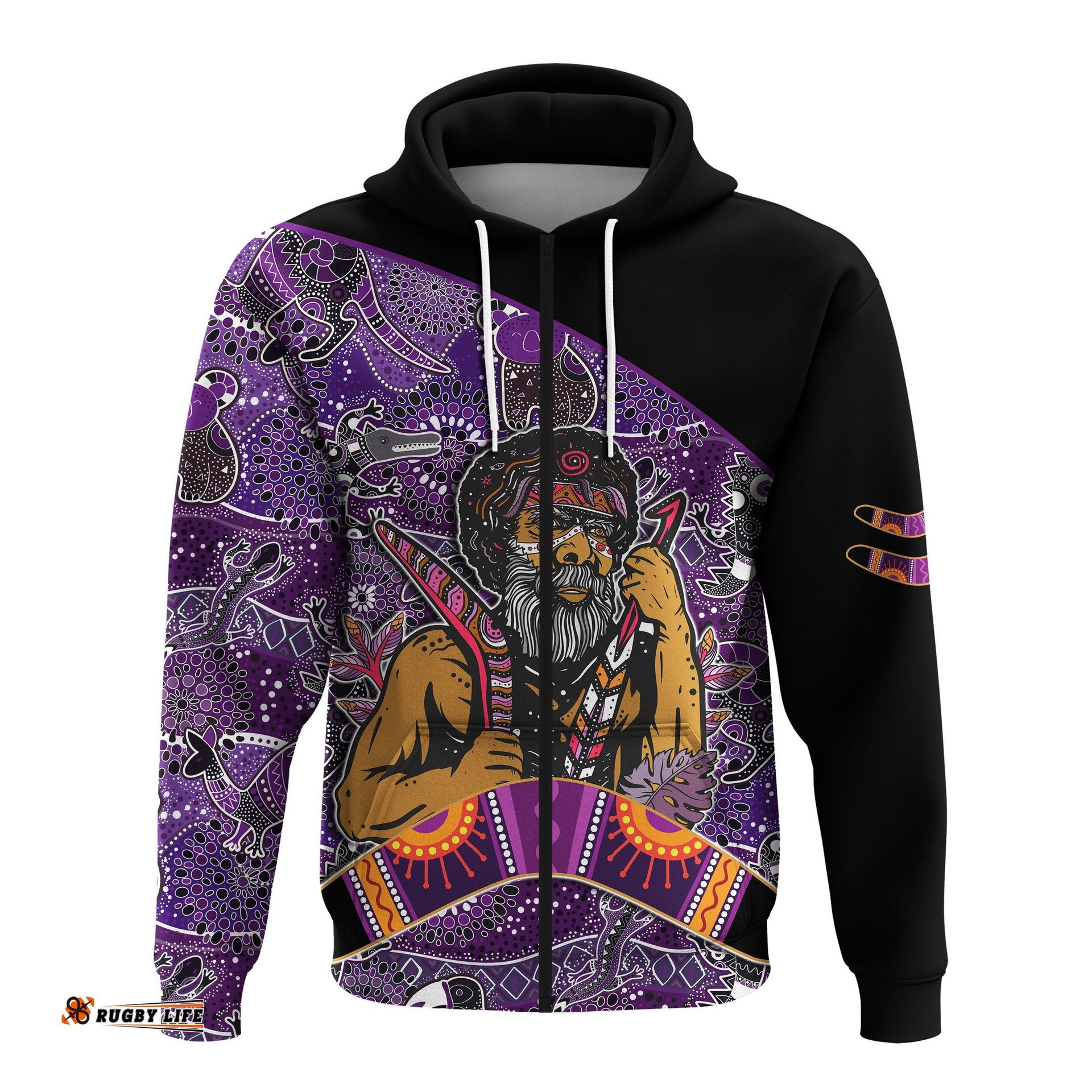 australian boomerang zip hoodie indigenous australia purple graceful