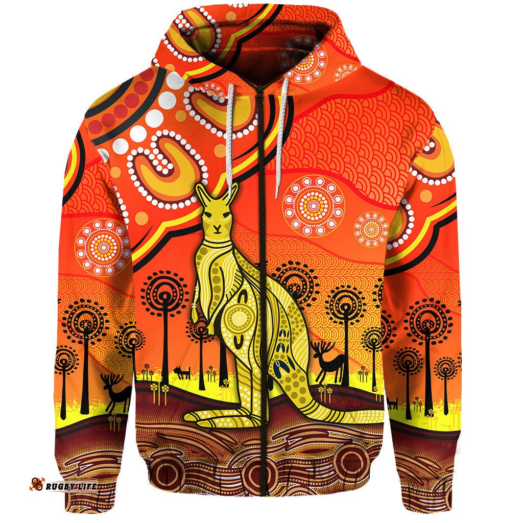 custom personalised aboriginal art kangaroo zip hoodie indigenous unique vibes orange