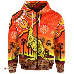 custom personalised aboriginal art kangaroo zip hoodie indigenous unique vibes orange