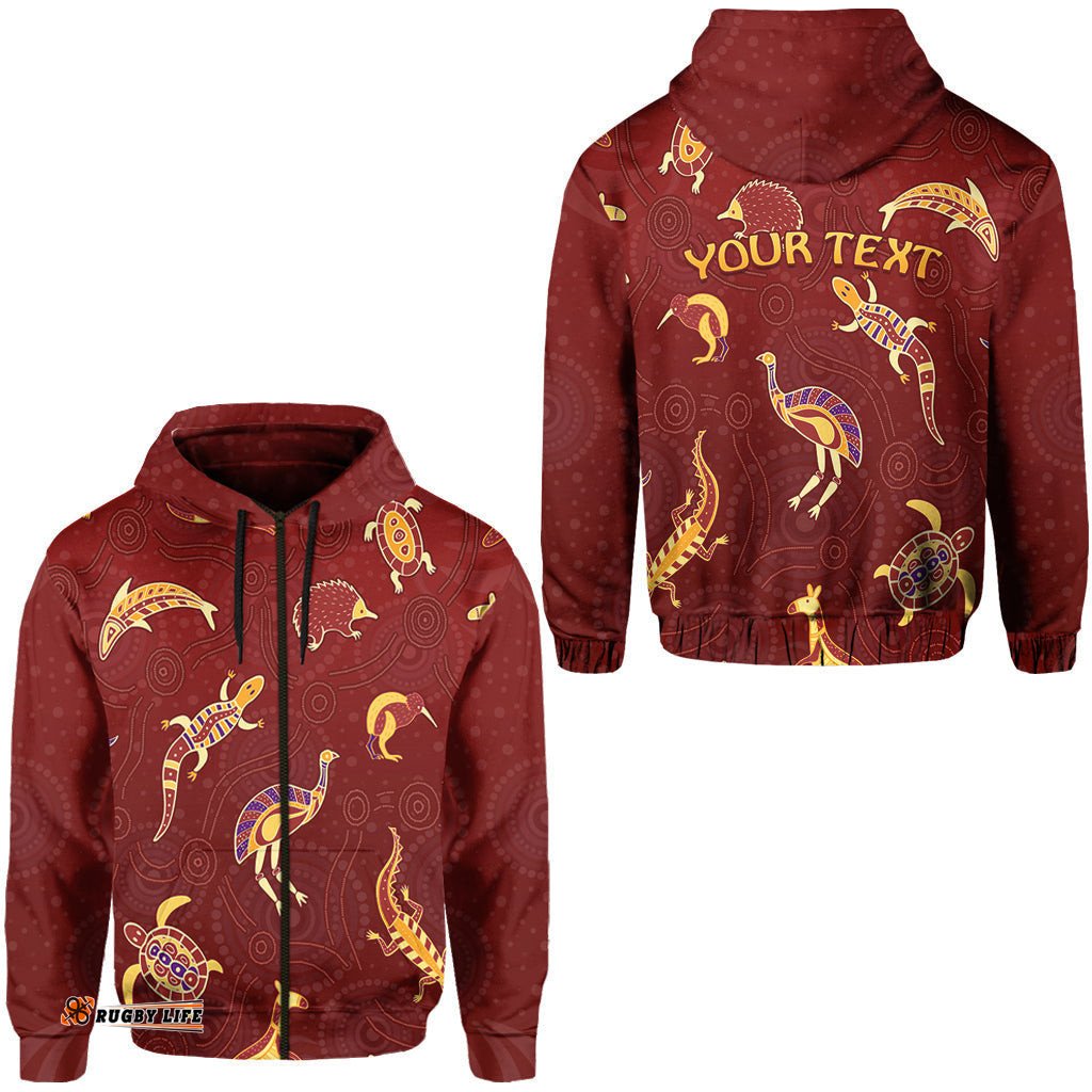 custom personalised aboriginal art zip hoodie animals australia version maroon