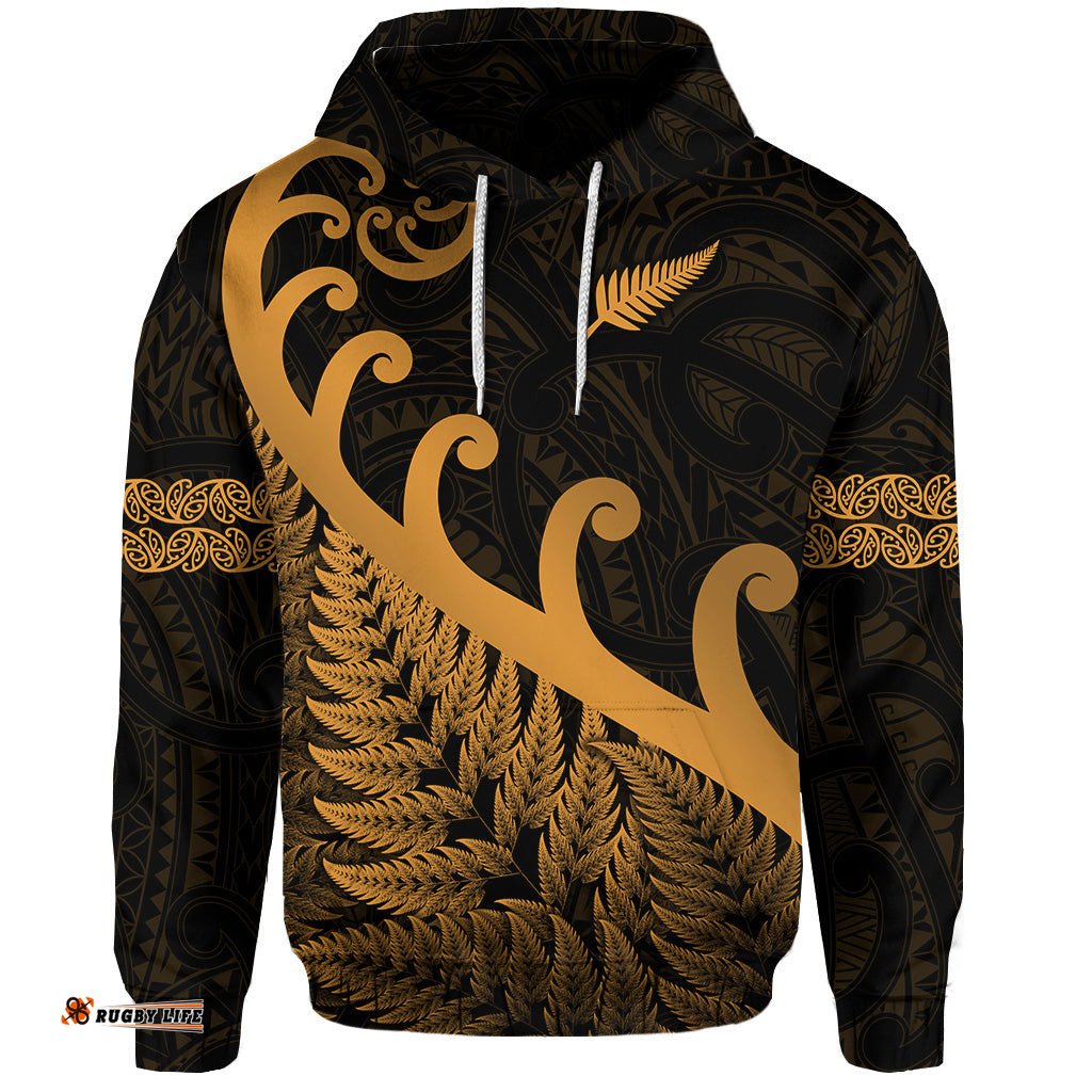custom personalised new zealand rugby maori hoodie silver fern koru vibes gold