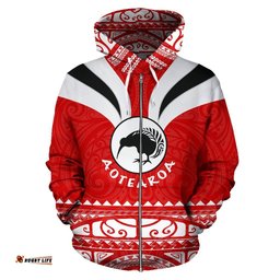 Maori Aotearoa Silver Fern Zip Up Hoodie Red Medal Version
