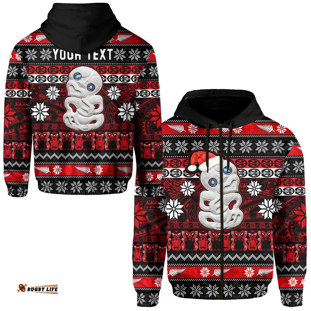 custom personalised new zealand hei tiki christmas zip hoodie maori meri kirihimete