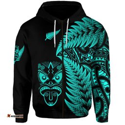 custom personalised new zealand haka rugby maori zip hoodie silver fern vibes turquoise