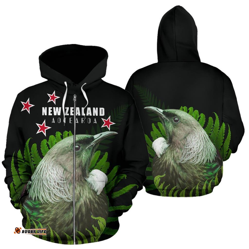 Tui Bird With Silver Fern New Zealand Zip Hoodie