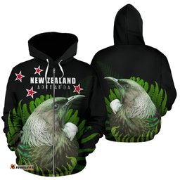 Tui Bird With Silver Fern New Zealand Zip Hoodie