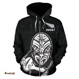 Rugby Haka Dance New Zealand Zip Up Hoodie with Haka Face