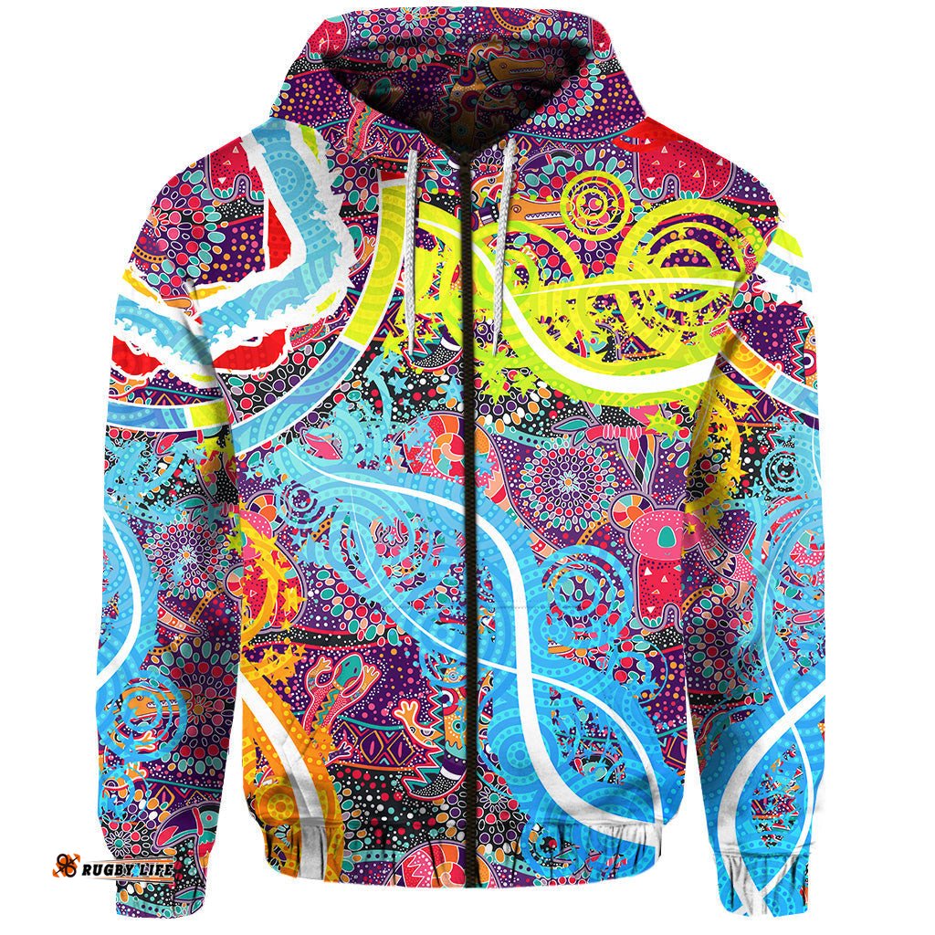custom personalised aboriginal art colorful vibes zip hoodie indigenous