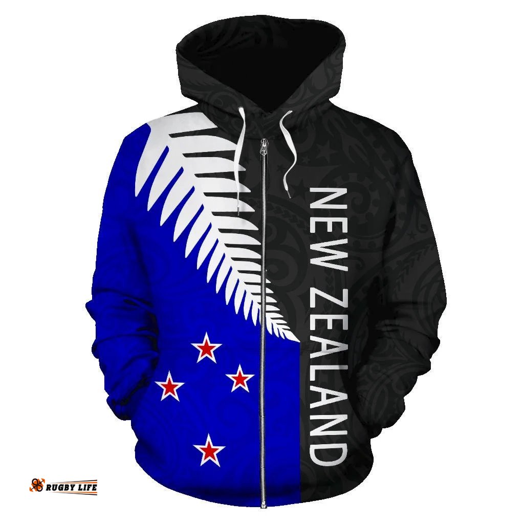 New Zealand Hoodie Silver Fern Flag Style Zip Up