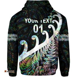 custom personalised new zealand rugby maori zip hoodie silver fern koru vibes paua shell