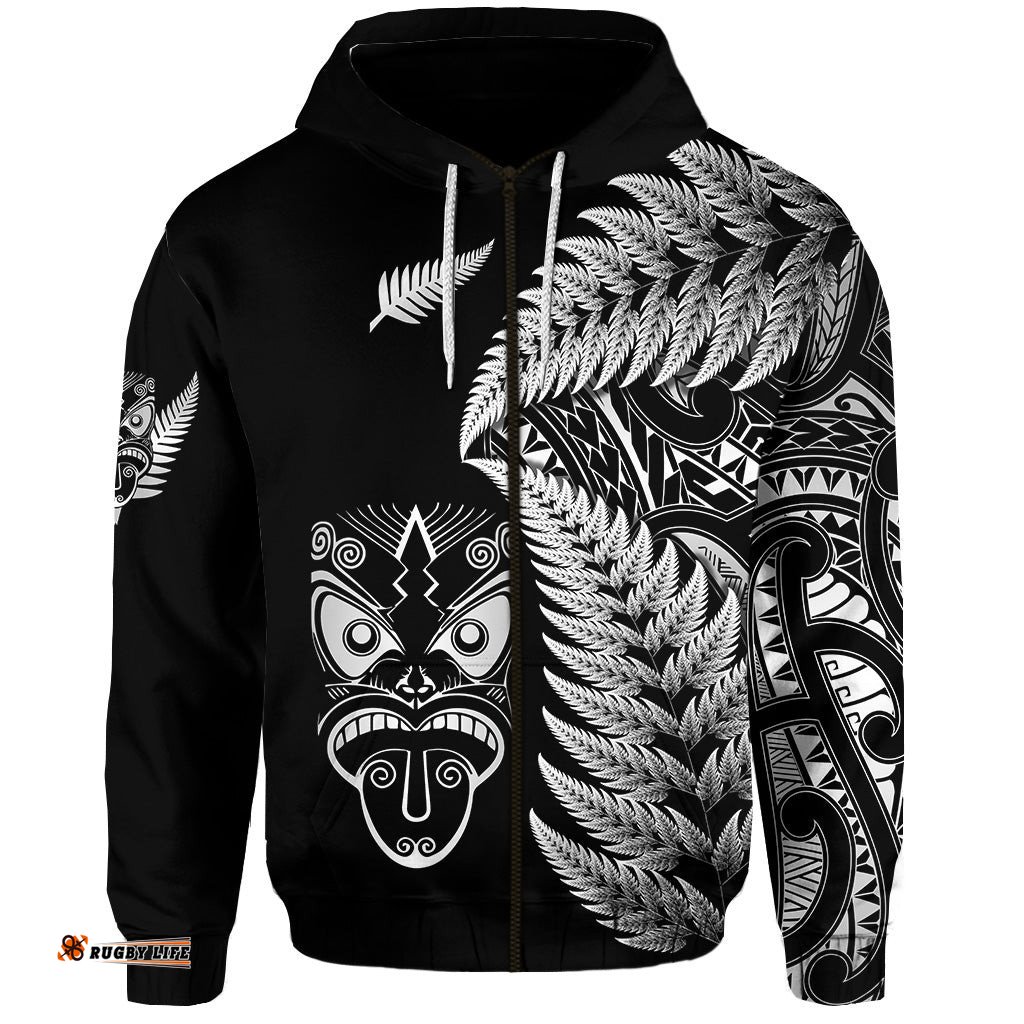 new zealand haka rugby maori zip hoodie silver fern vibes black