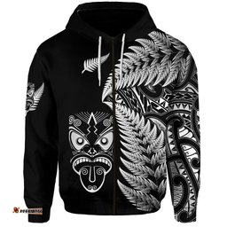 new zealand haka rugby maori zip hoodie silver fern vibes black