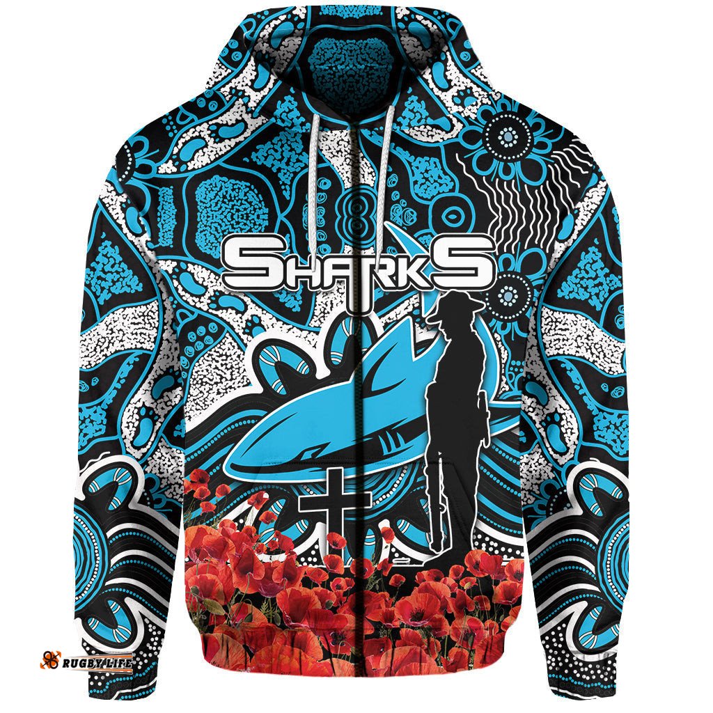 sharks zip hoodie anzac day poppy flowers with aboriginal