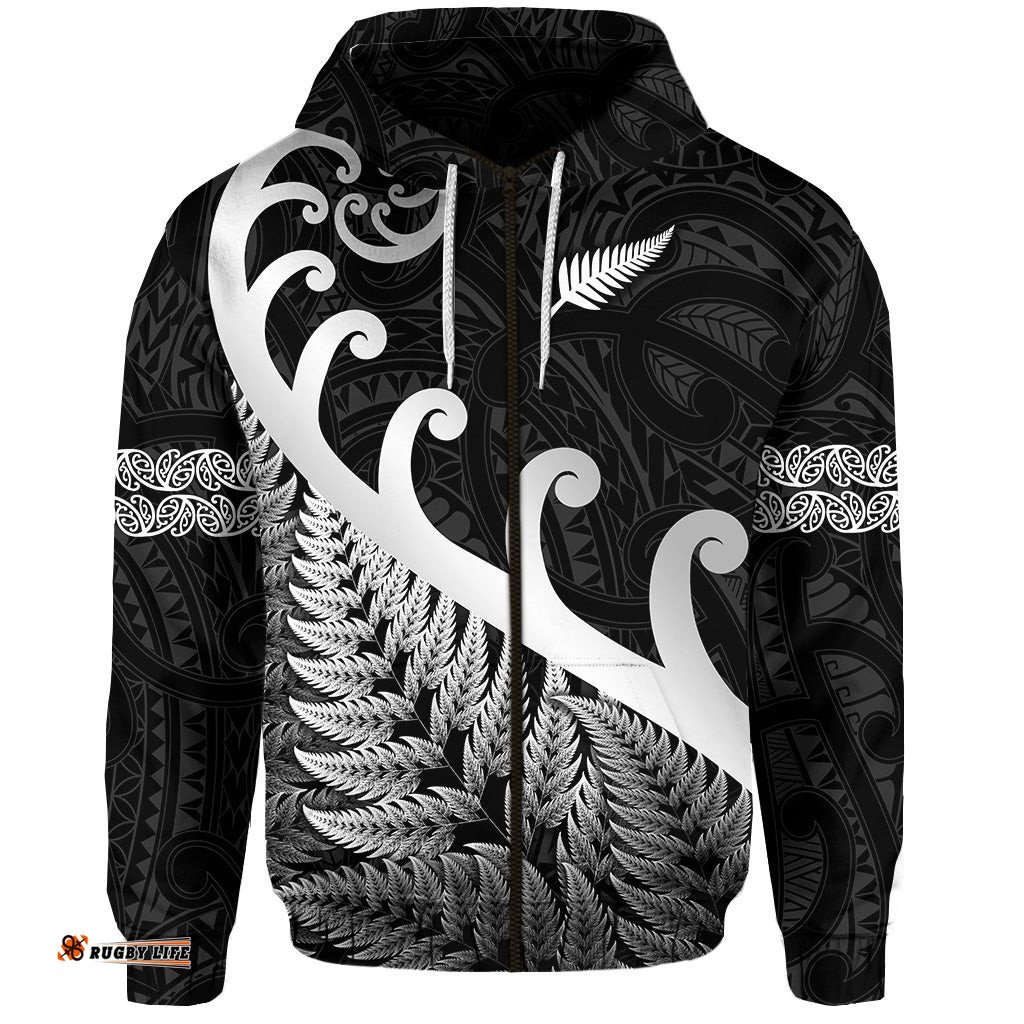 new zealand rugby maori zip hoodie silver fern koru vibes black