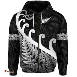 new zealand rugby maori zip hoodie silver fern koru vibes black