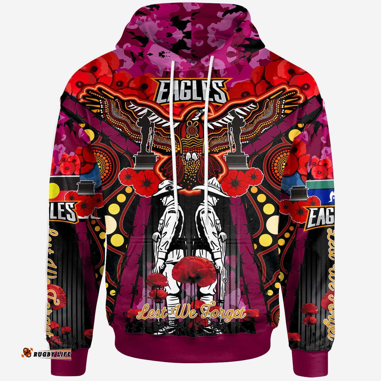 eagles aboriginal rugby anzac day custom hoodie remembrance sea eagles with poppy flower watercolour style