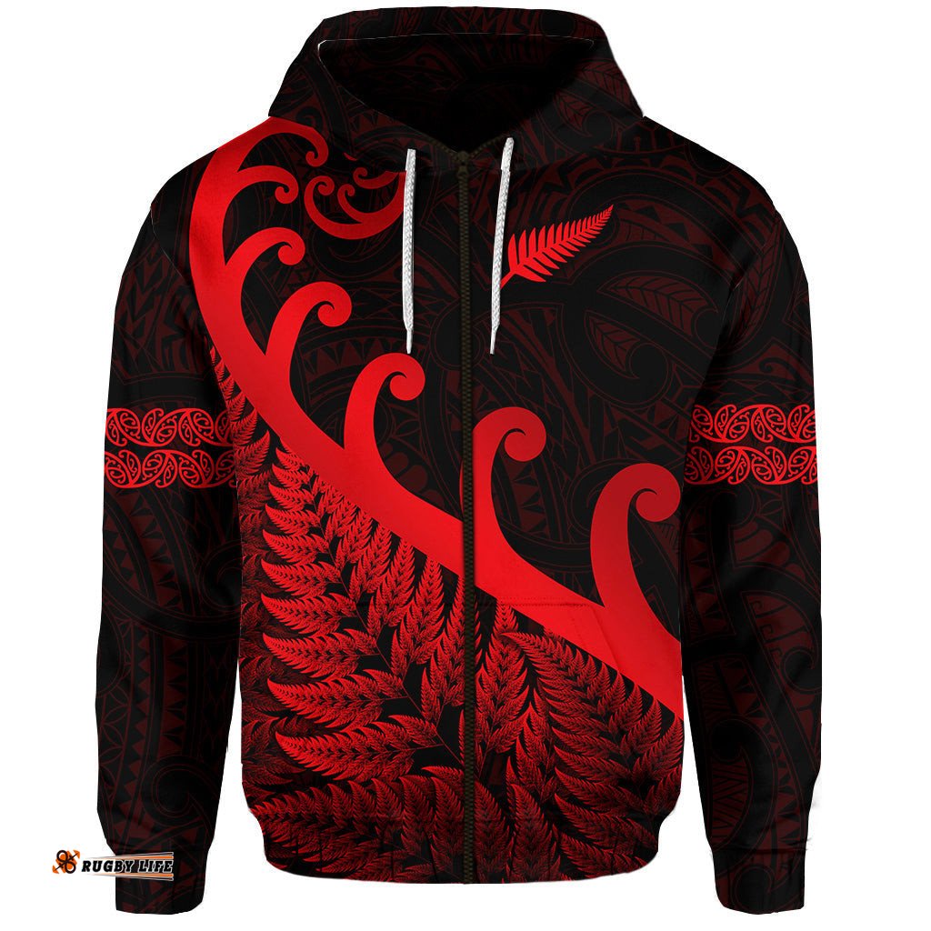 custom personalised new zealand rugby maori zip hoodie silver fern koru vibes red