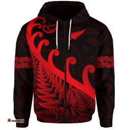 custom personalised new zealand rugby maori zip hoodie silver fern koru vibes red
