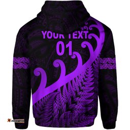 custom personalised new zealand rugby maori zip hoodie silver fern koru vibes purple