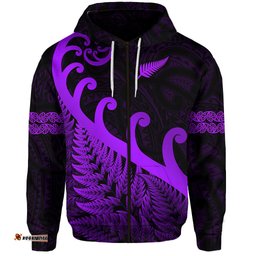 custom personalised new zealand rugby maori zip hoodie silver fern koru vibes purple