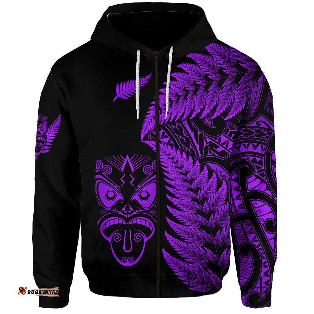custom personalised new zealand haka rugby maori zip hoodie silver fern vibes purple
