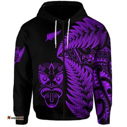 custom personalised new zealand haka rugby maori zip hoodie silver fern vibes purple